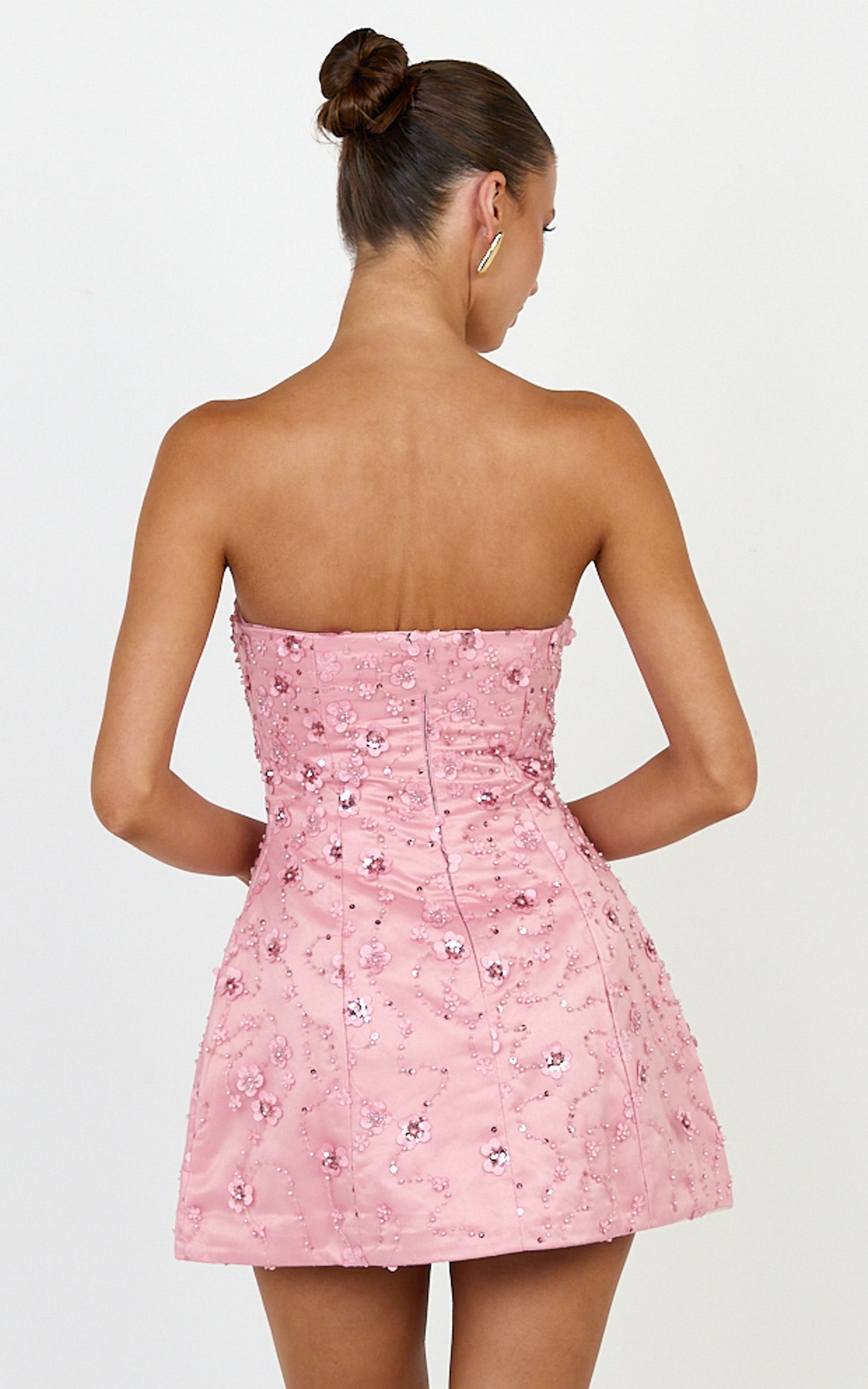 Leona Mini Elbise - Pembe Straplez Payetli Lale Etekli Elbise