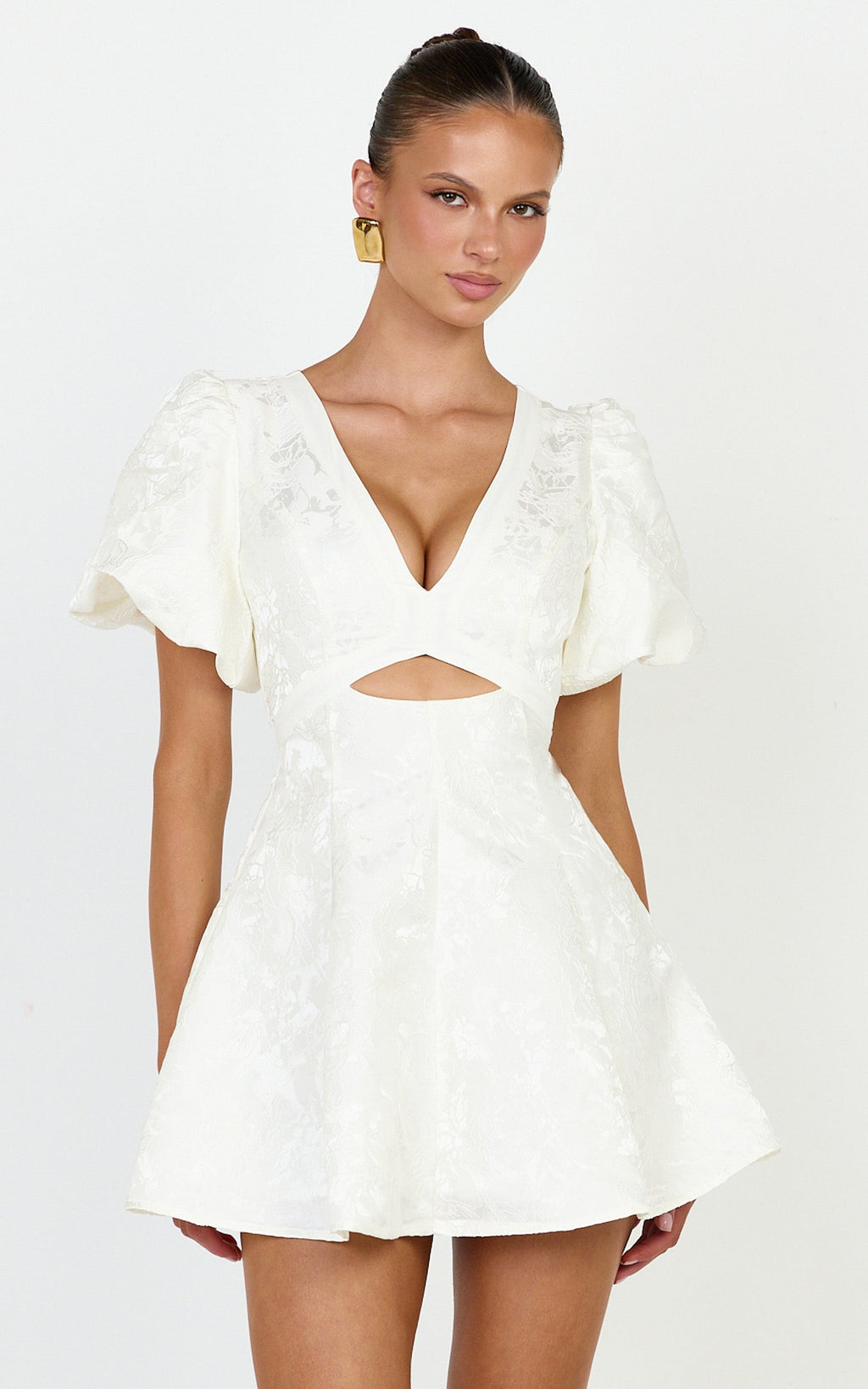 Rosalie Mini Elbise - Beyaz Çiçek Jakarlı V Yaka Fit & Flare Elbise