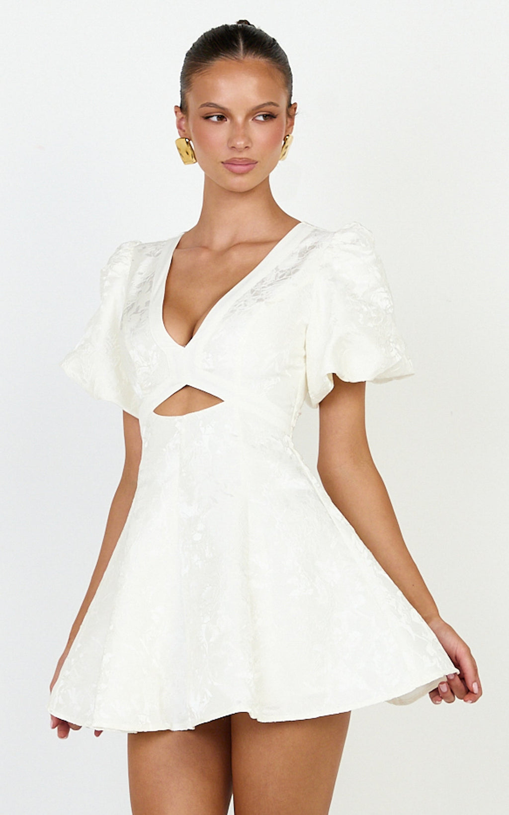 Rosalie Mini Elbise - Beyaz Çiçek Jakarlı V Yaka Fit & Flare Elbise