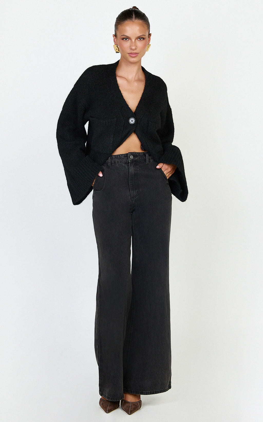 Becka Hırka - Siyah Oversize Geri Dönüştürülmüş Triko Boydan Düğmeli Hırka