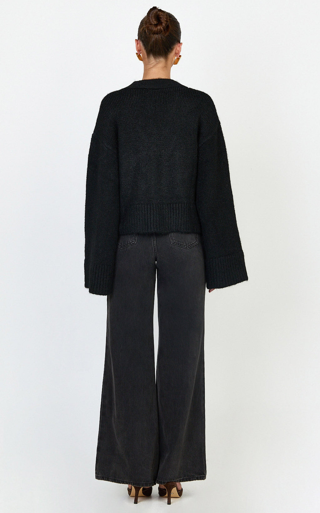 Becka Hırka - Siyah Oversize Geri Dönüştürülmüş Triko Boydan Düğmeli Hırka