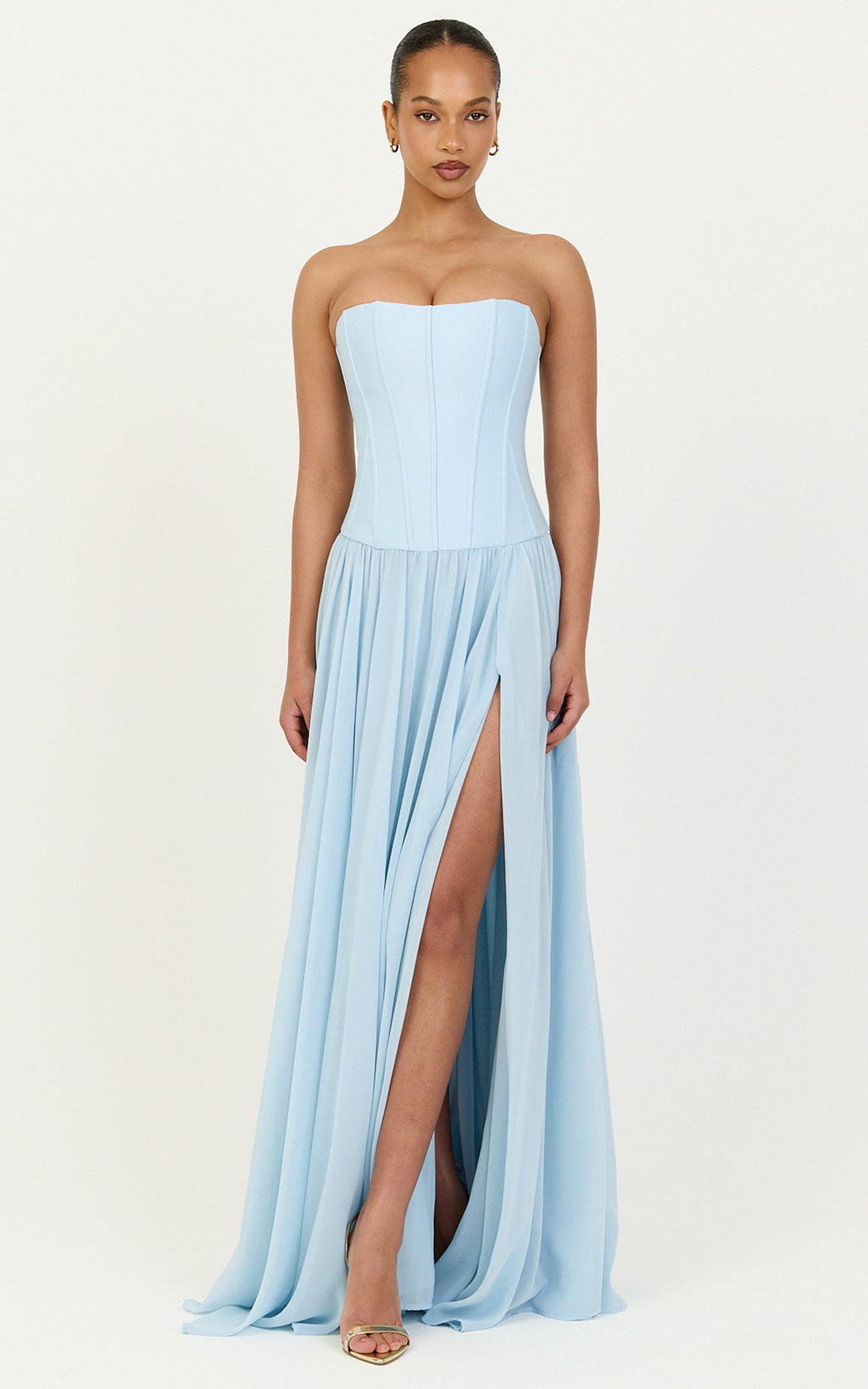 Eugene Maxi Elbise - Mavi Kontrast Straplez Fit & Flare Yüksek Yırtmaçlı Elbise