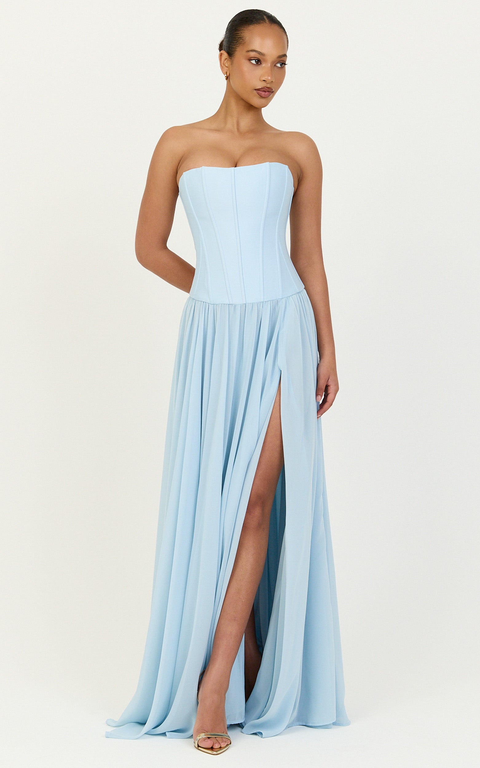 Eugene Maxi Elbise - Mavi Kontrast Straplez Fit & Flare Yüksek Yırtmaçlı Elbise