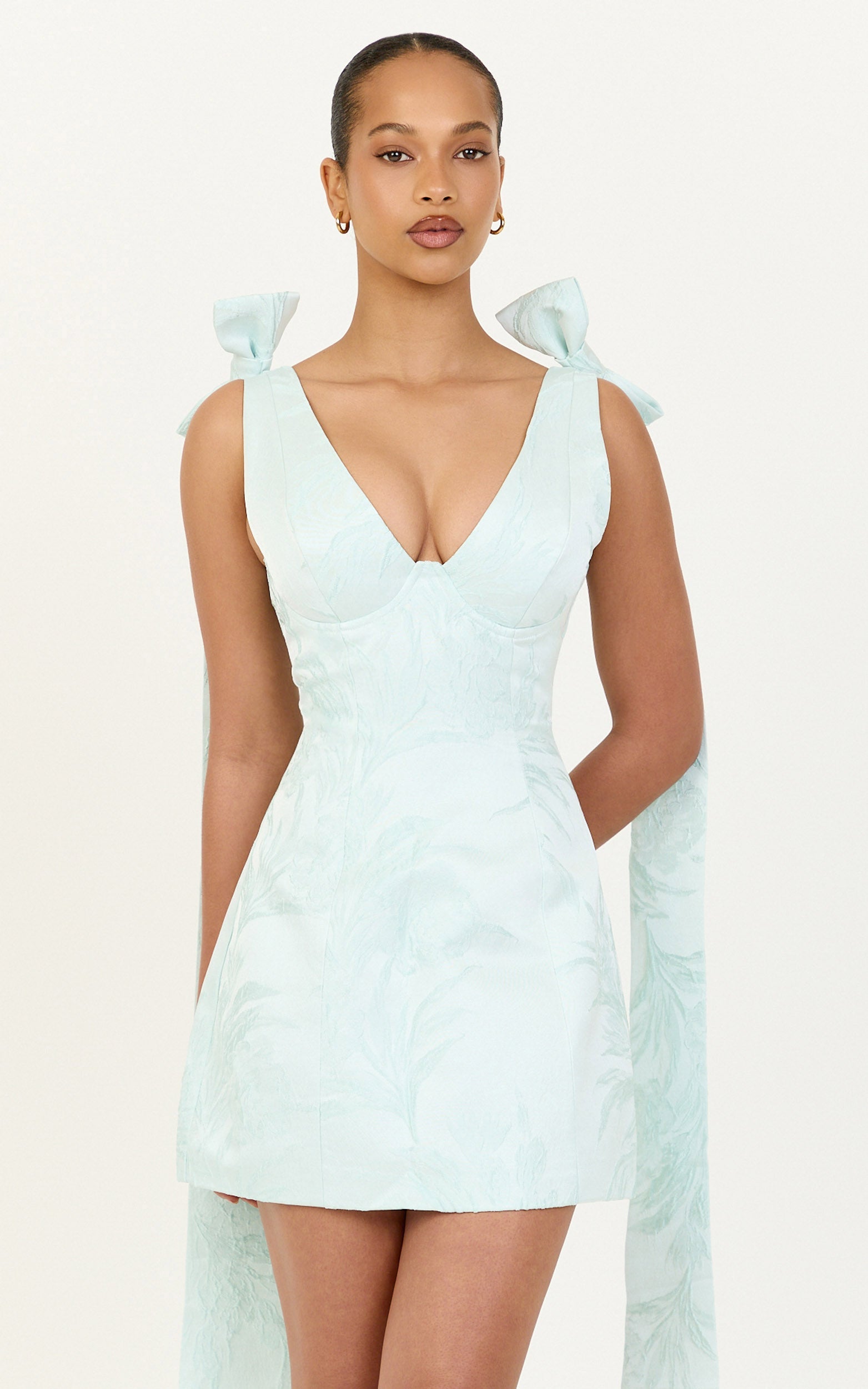 Serafina Mini Elbise - Mint Çıkarılabilir Fiyonk ve Kuşak Detaylı Oturan Elbise