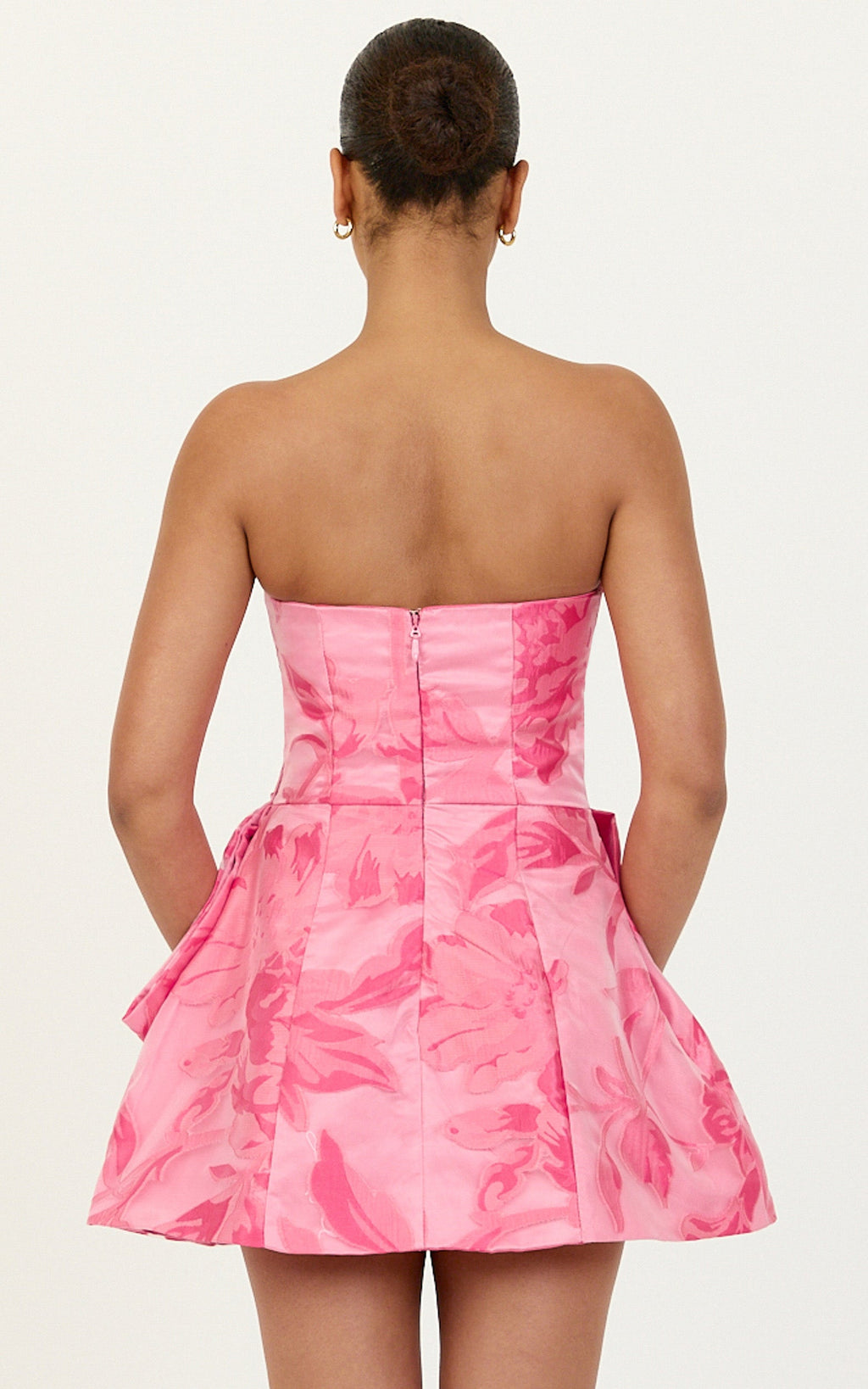 Violetta Mini Elbise - Pembe Straplez Fiyonk Detaylı Lale Etekli Elbise