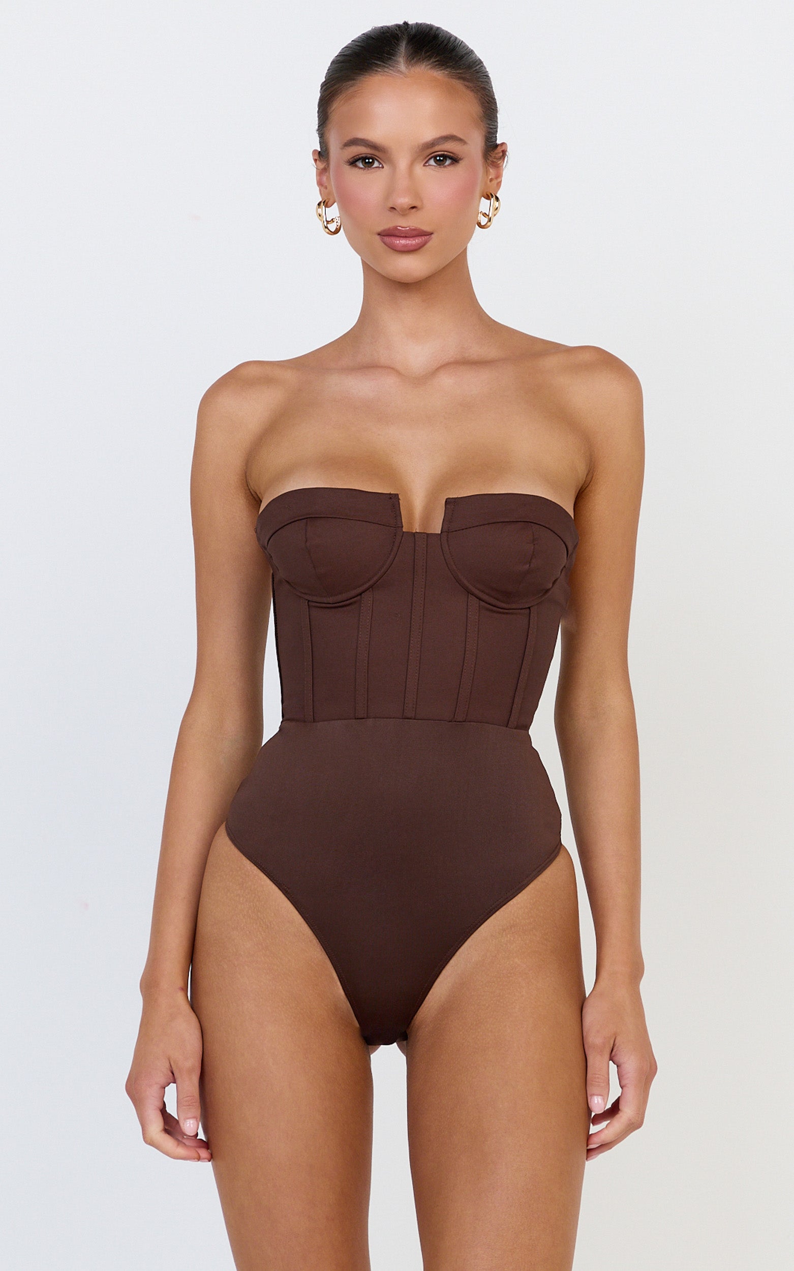 Brigitte Bodysuit - Çikolata Kalp Yaka Panelli Bodysuit