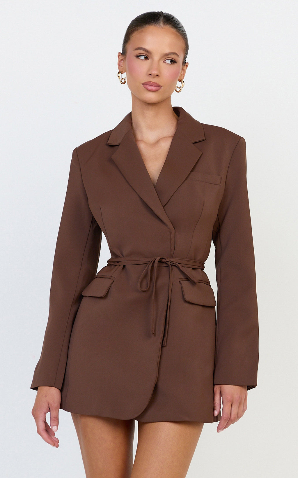 Harlee Mini Elbise - Mocha Kemerli Beli Oturan Blazer Elbise