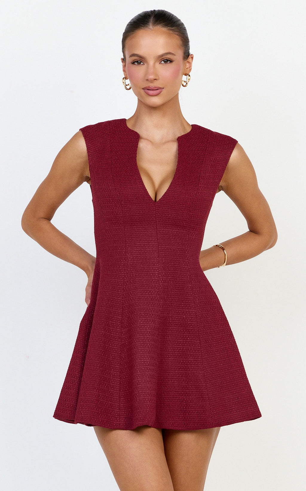 Nelson Mini Elbise - Bordo Derin Yakalı Buklet Fit & Flare Elbise