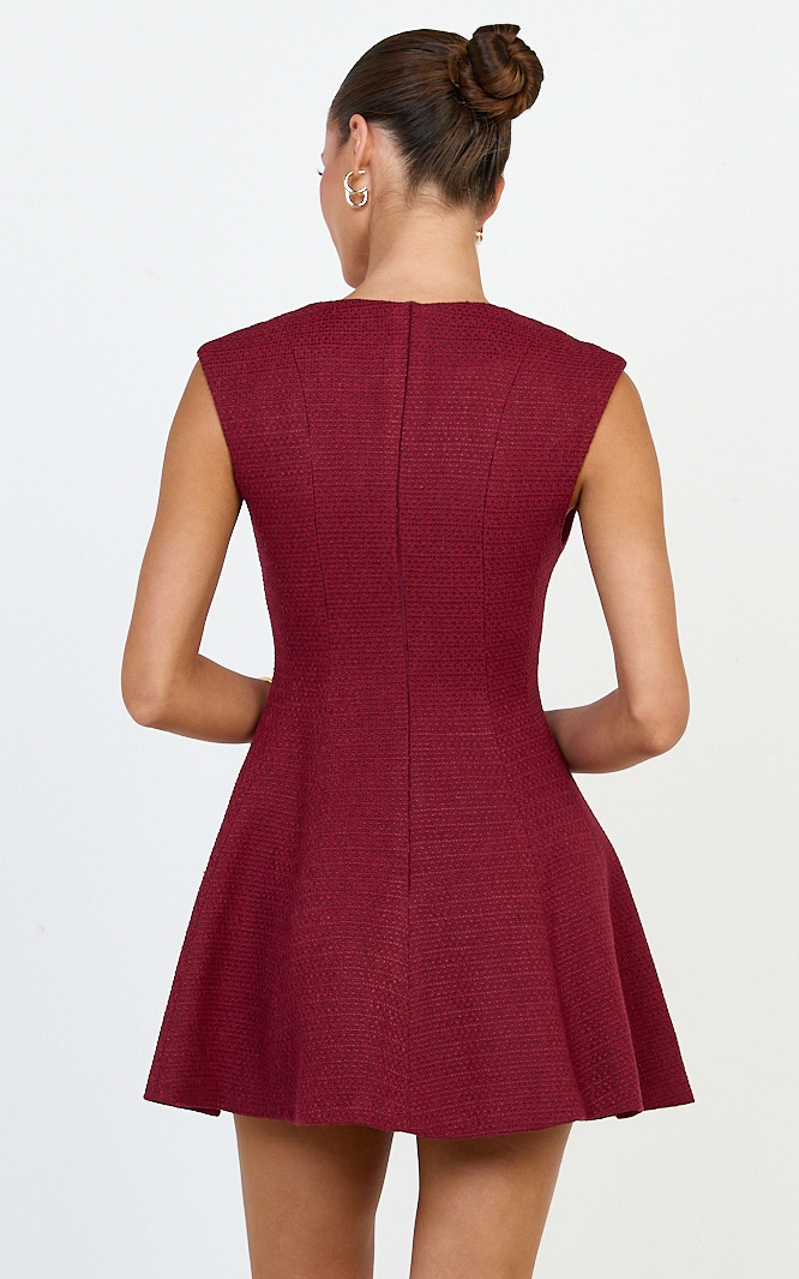 Nelson Mini Elbise - Bordo Derin Yakalı Buklet Fit & Flare Elbise
