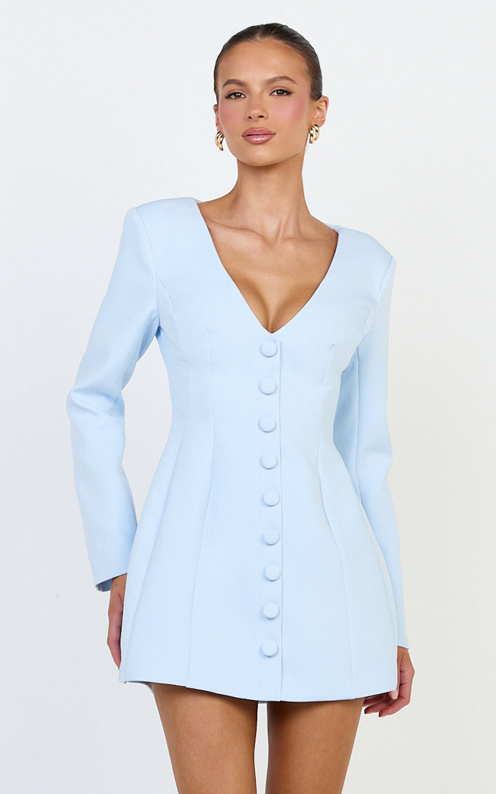 Lavender Mini Elbise - Bebek Mavisi Geniş Yaka Düğmeli Blazer Elbise