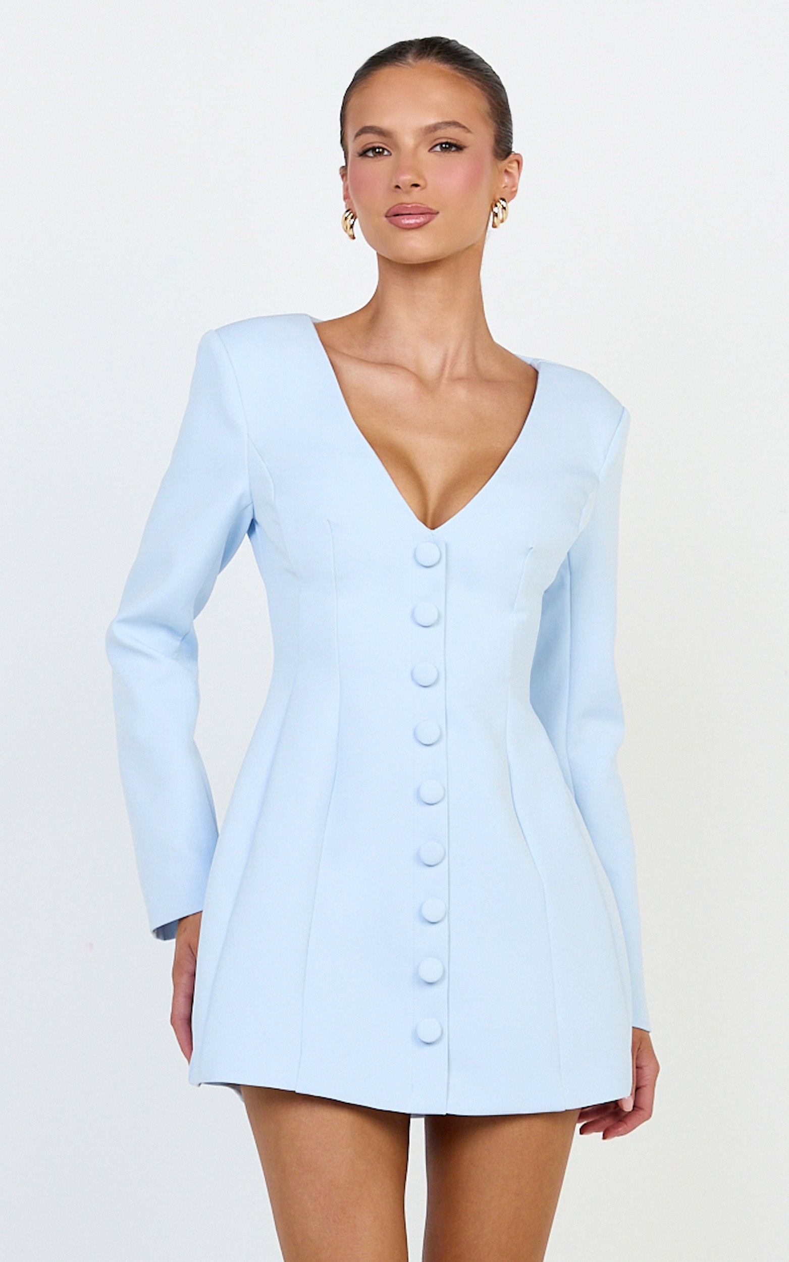Lavender Mini Elbise - Bebek Mavisi Geniş Yaka Düğmeli Blazer Elbise