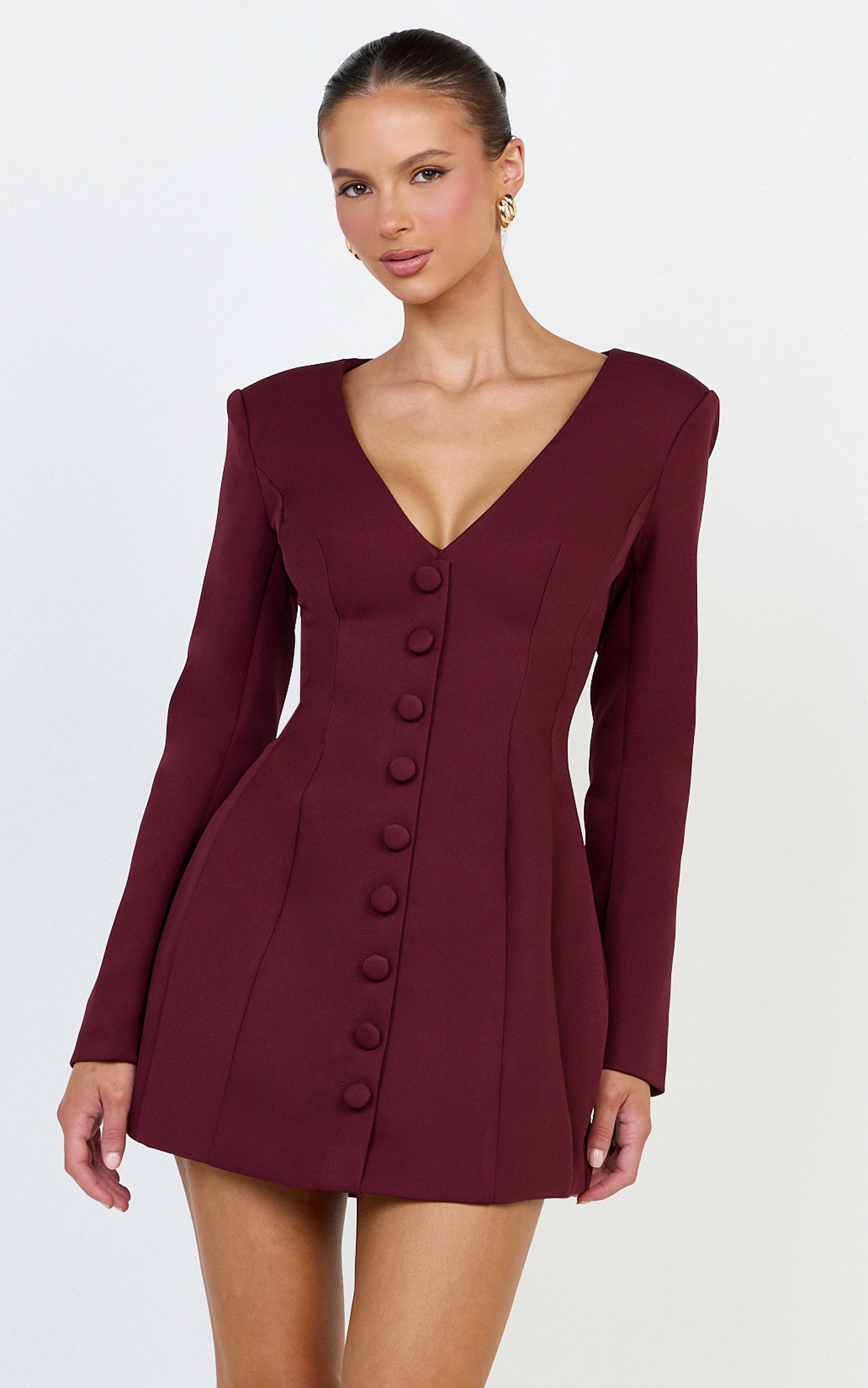 Lavender Mini Elbise - Bordo Geniş Yaka Düğmeli Blazer Elbise