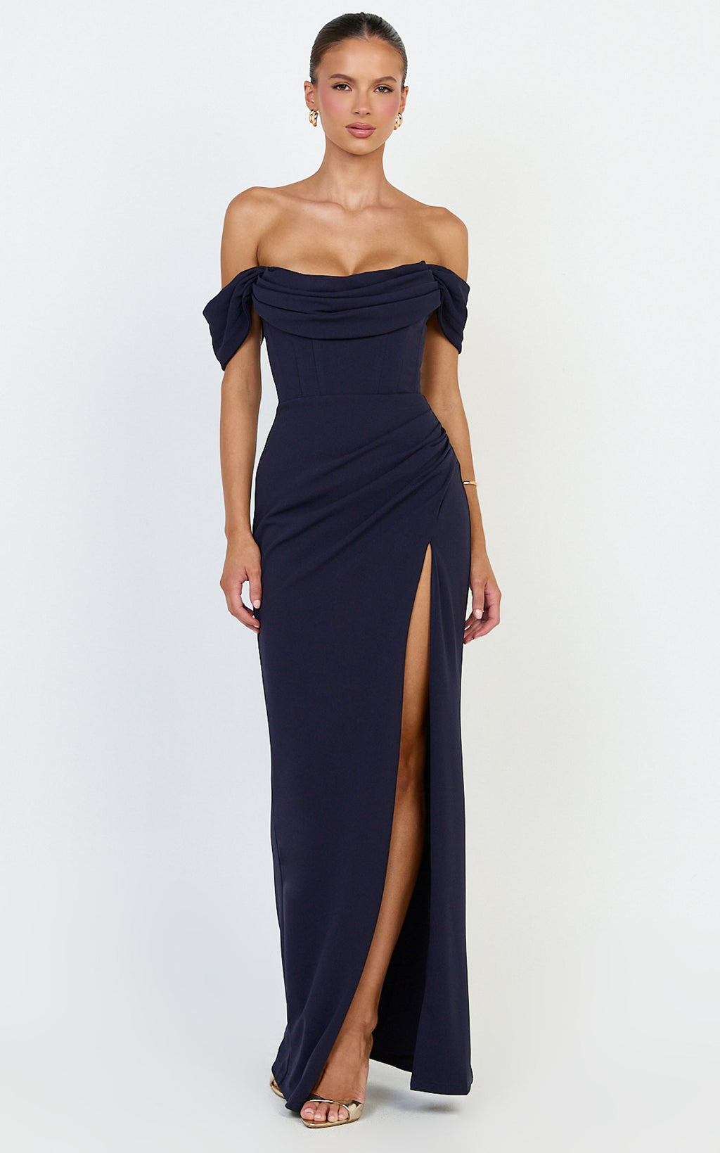 Marcel Maxi Elbise - Lacivert Omuzları Açık Korse Yüksek Yırtmaçlı Elbise