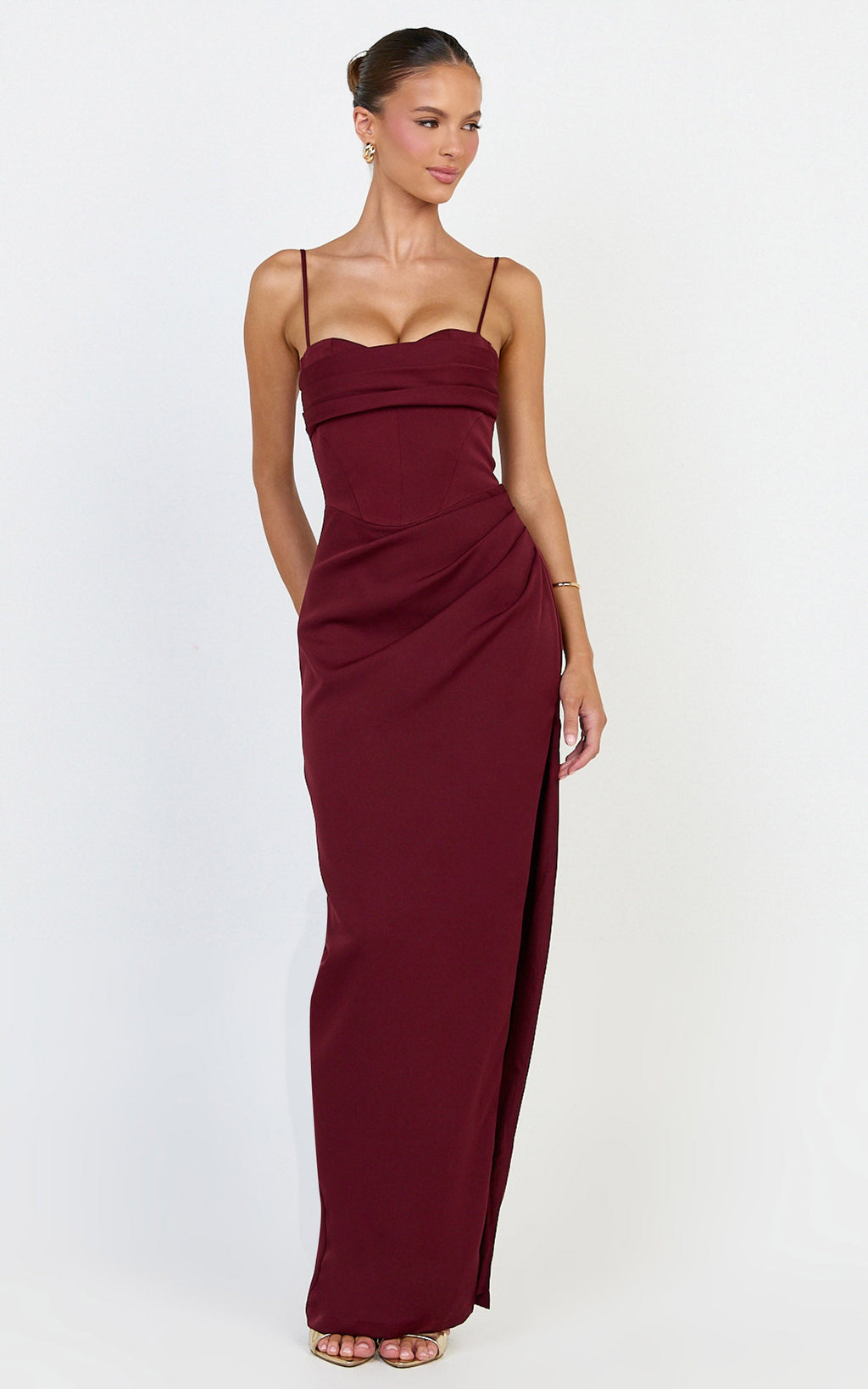 Zinnia Maxi Elbise - Bordo Büzgülü Büstlü Yan Yırtmaçlı Elbise