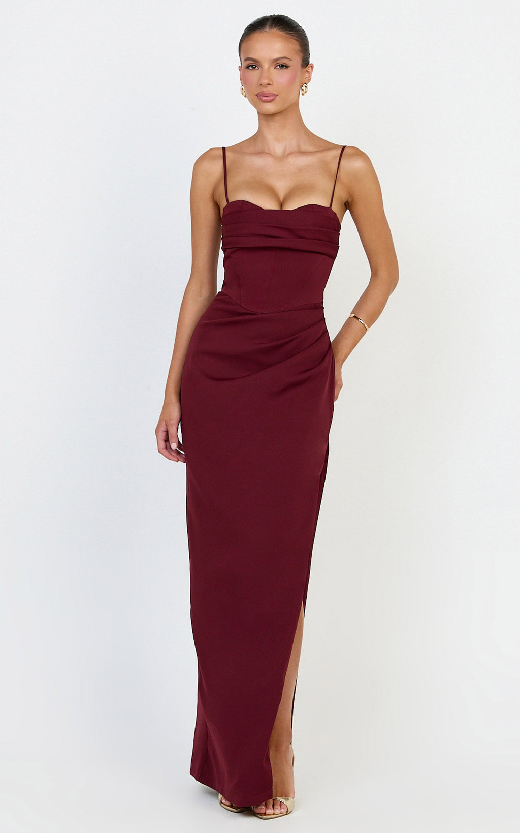 Zinnia Maxi Elbise - Bordo Büzgülü Büstlü Yan Yırtmaçlı Elbise