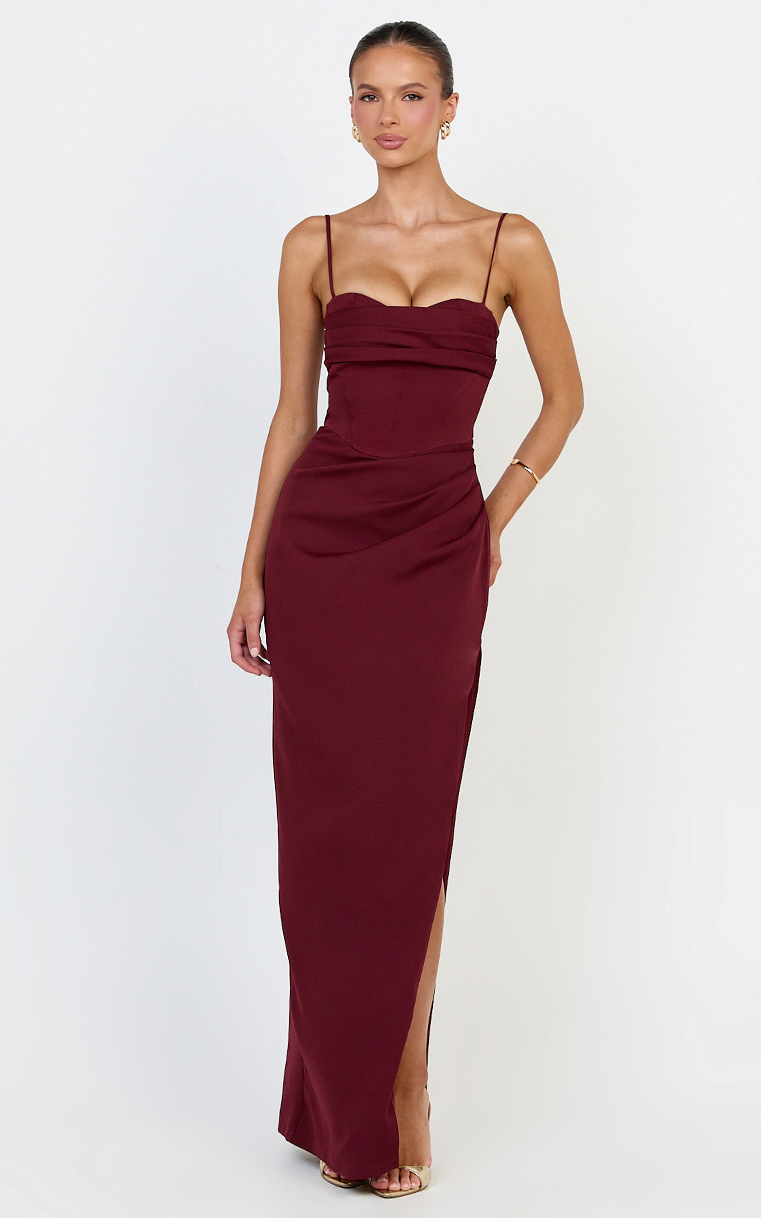 Zinnia Maxi Elbise - Bordo Büzgülü Büstlü Yan Yırtmaçlı Elbise