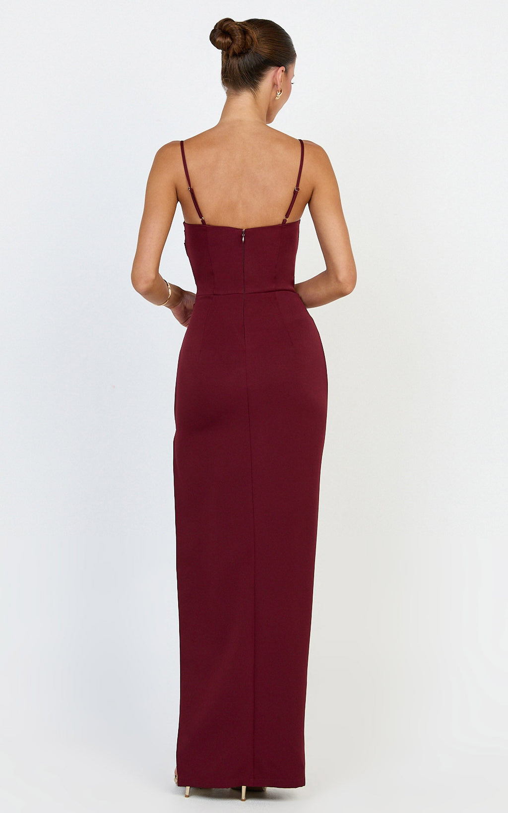 Zinnia Maxi Elbise - Bordo Büzgülü Büstlü Yan Yırtmaçlı Elbise