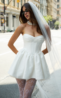 Charlize Mini Elbise - Beyaz Saten Kalp Yaka V Bel Fit & Flare Elbise