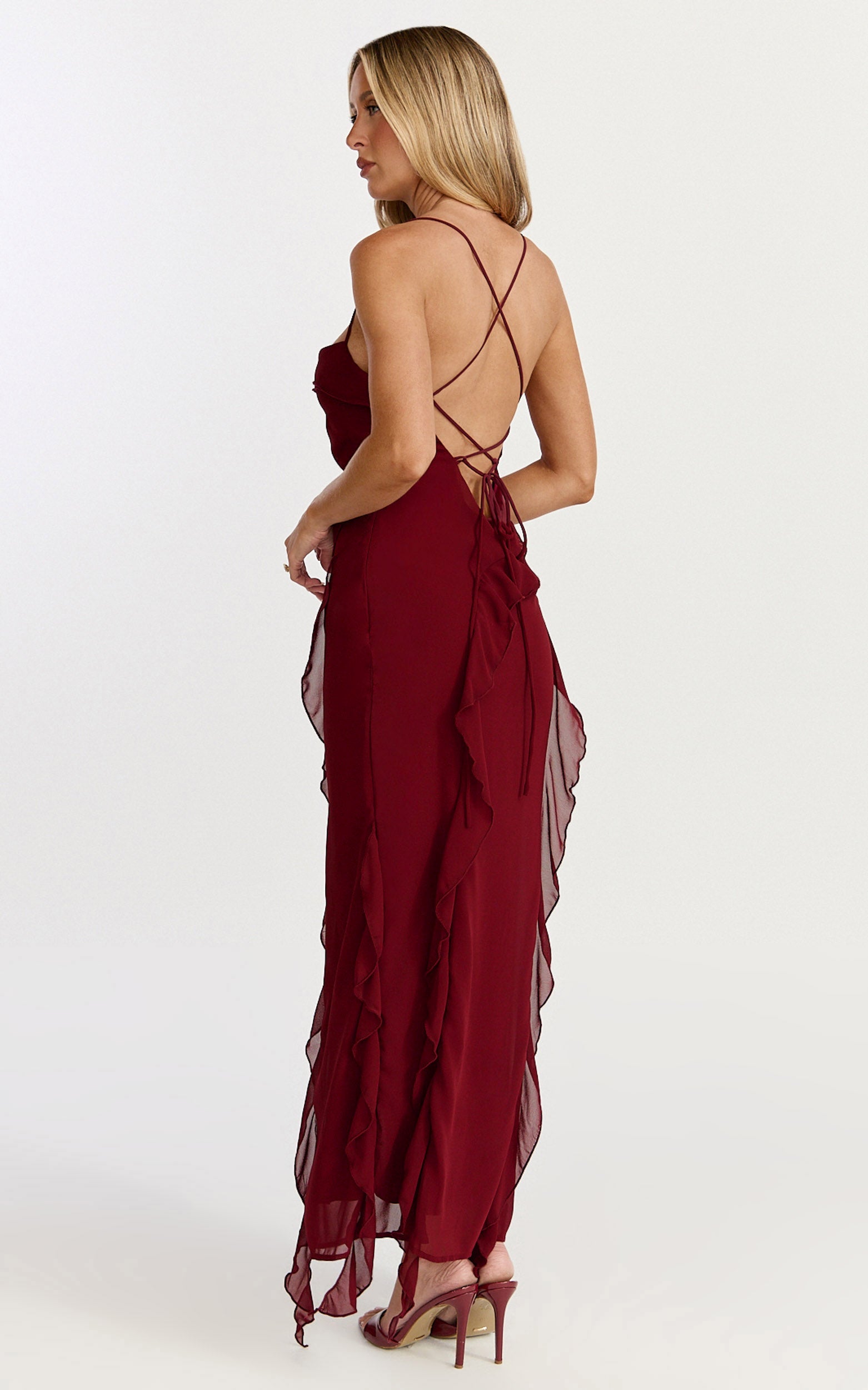 Connie Midi Elbise - Fırfır Detaylı Elbise - Bordo