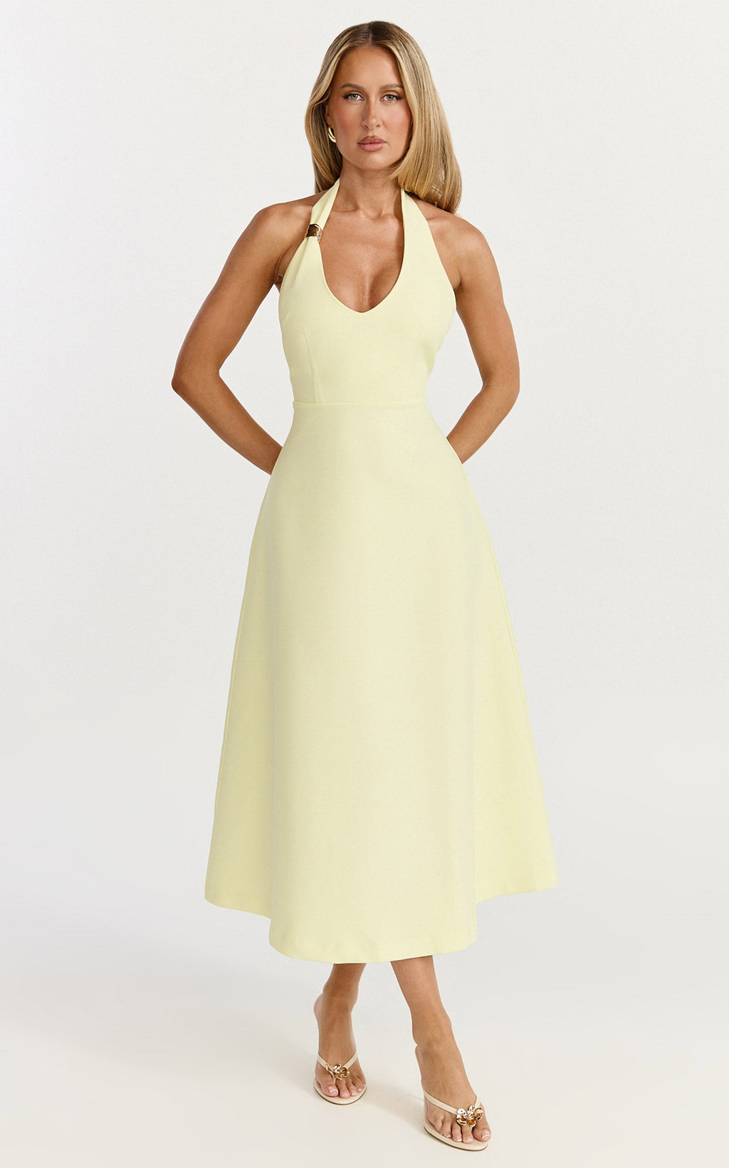 Leilani Midi Elbise - Limon Sarısı Derin Yakalı Aksesuar Detaylı Fit & Flare Elbise