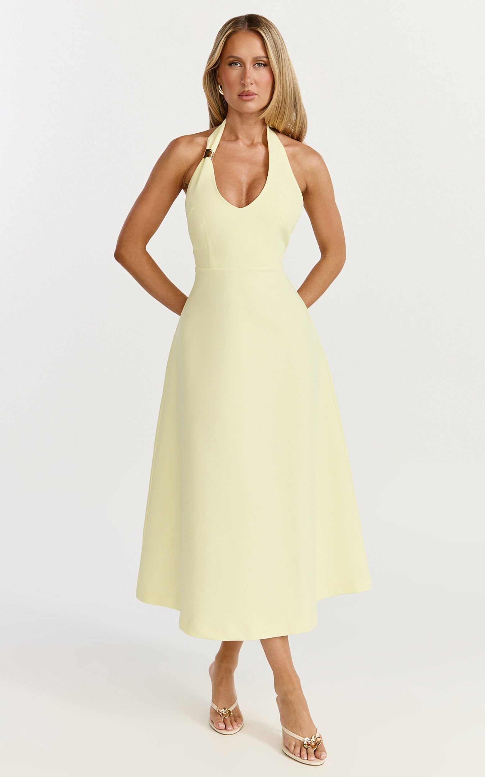 Leilani Midi Elbise - Limon Sarısı Derin Yakalı Aksesuar Detaylı Fit & Flare Elbise