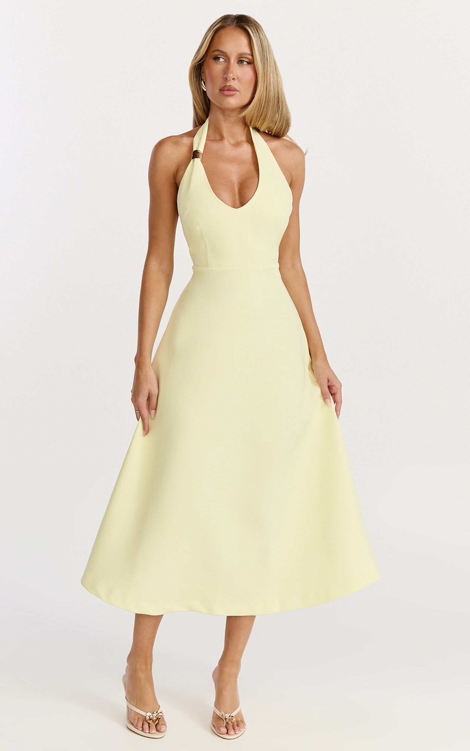 Leilani Midi Elbise - Limon Sarısı Derin Yakalı Aksesuar Detaylı Fit & Flare Elbise