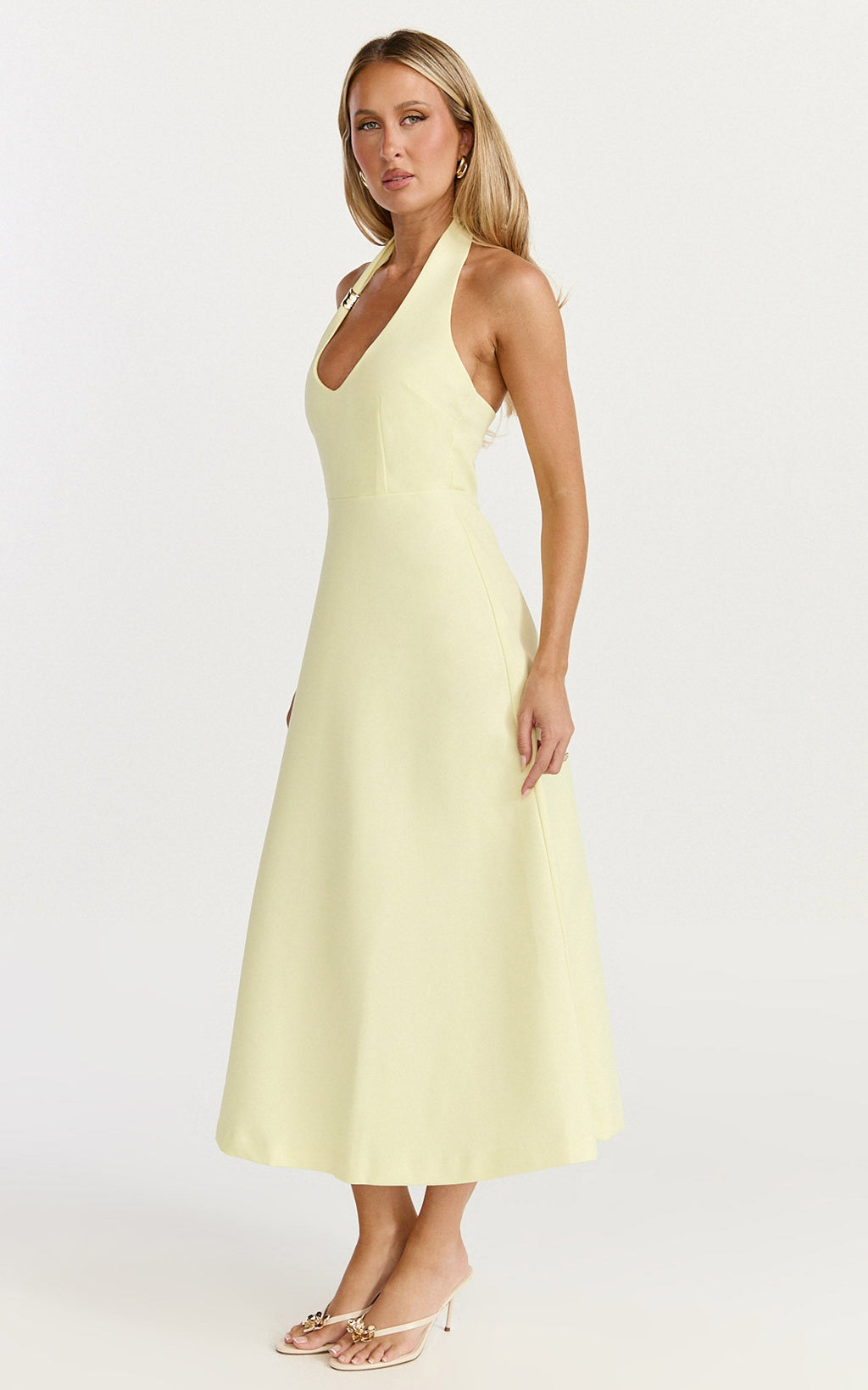 Leilani Midi Elbise - Limon Sarısı Derin Yakalı Aksesuar Detaylı Fit & Flare Elbise