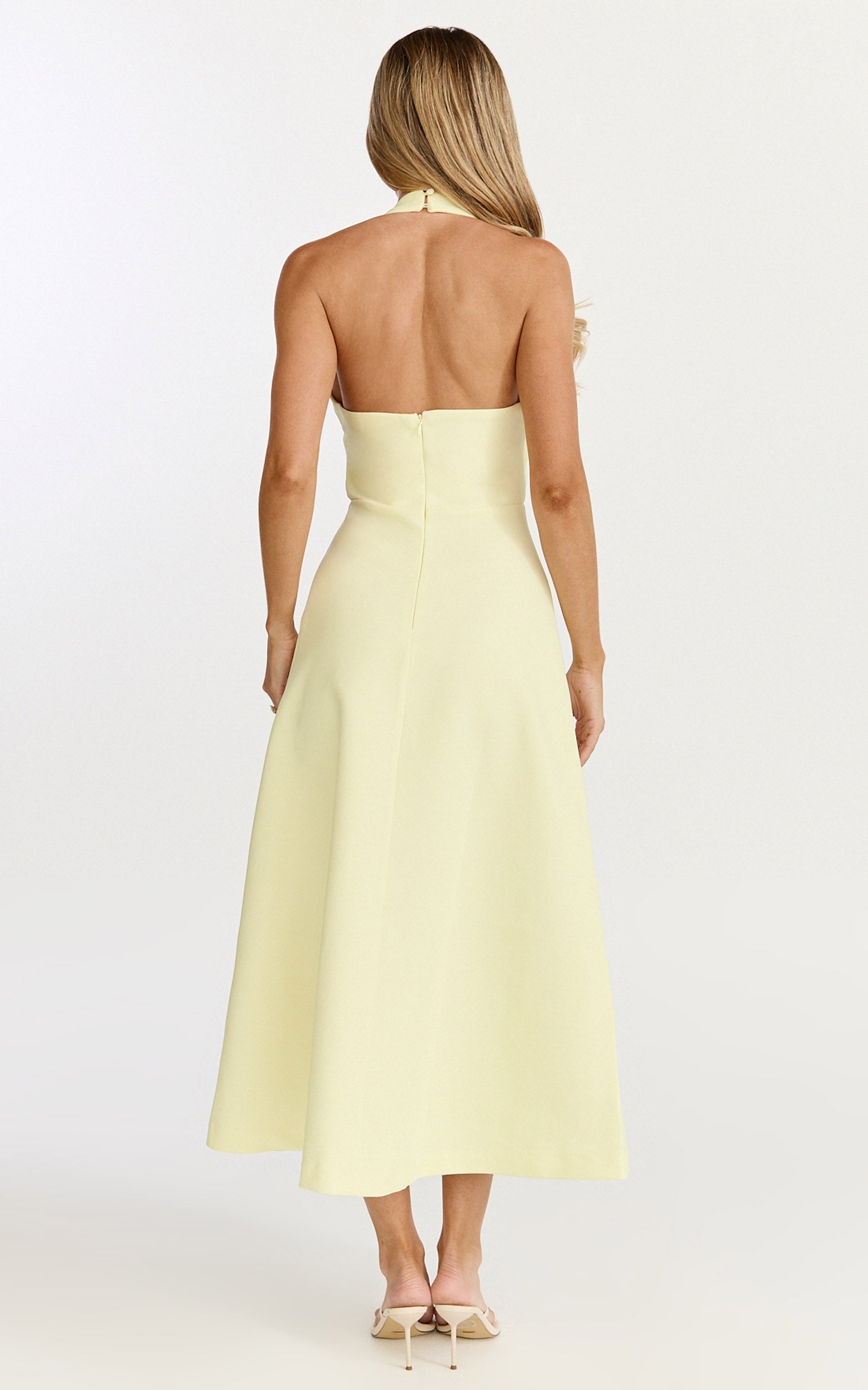 Leilani Midi Elbise - Limon Sarısı Derin Yakalı Aksesuar Detaylı Fit & Flare Elbise