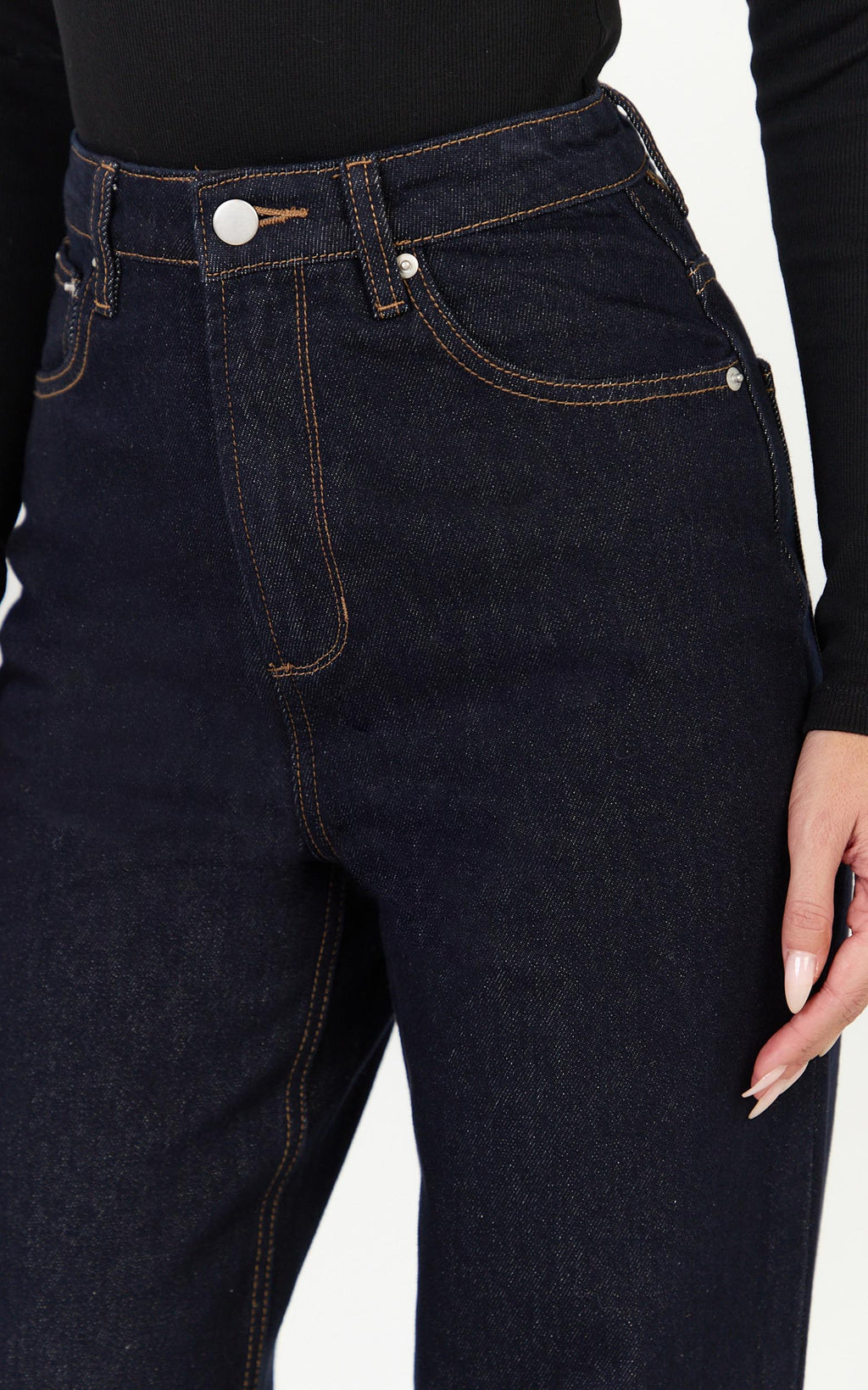 Emman Jean - Ham Denim Tütün Rengi Dikişli Yüksek Bel Pamuklu Bol Paça Jean
