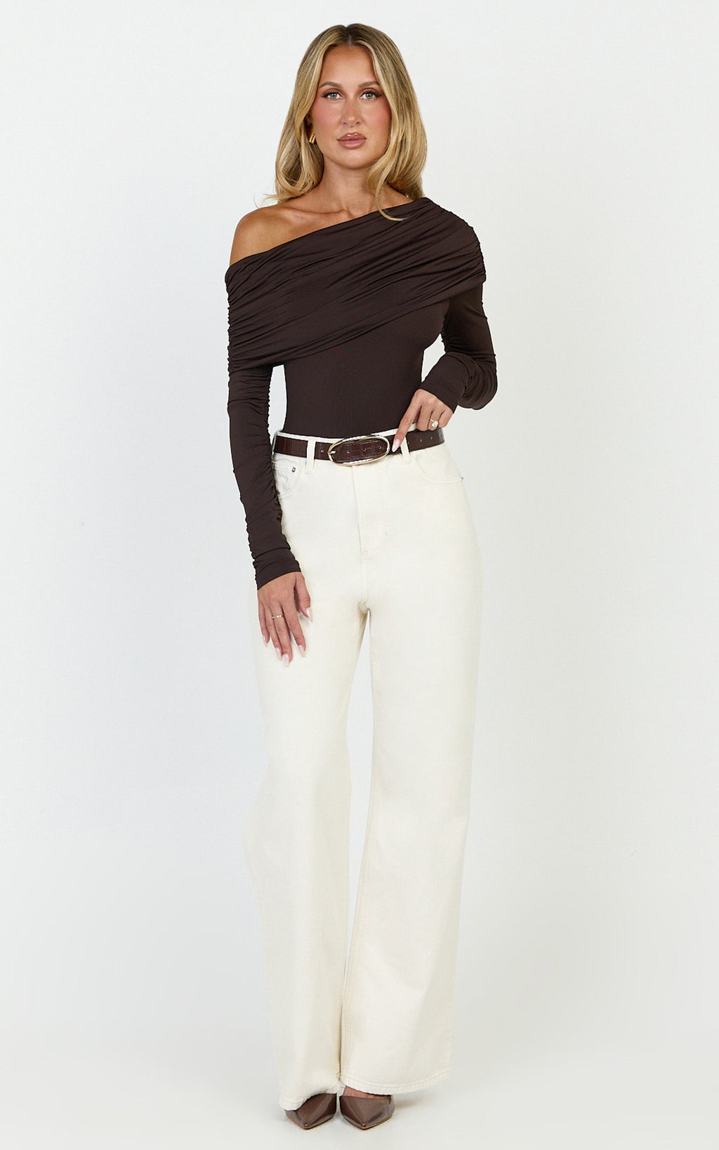 Hallie Bodysuit - Çikolata Tek Omuz Drapeli Uzun Kollu Bodysuit