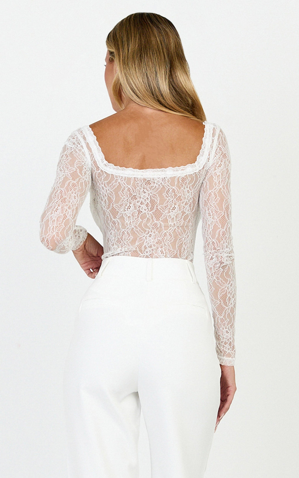 Cynthia Bodysuit - Krem Uzun Kollu Dantel Bodysuit
