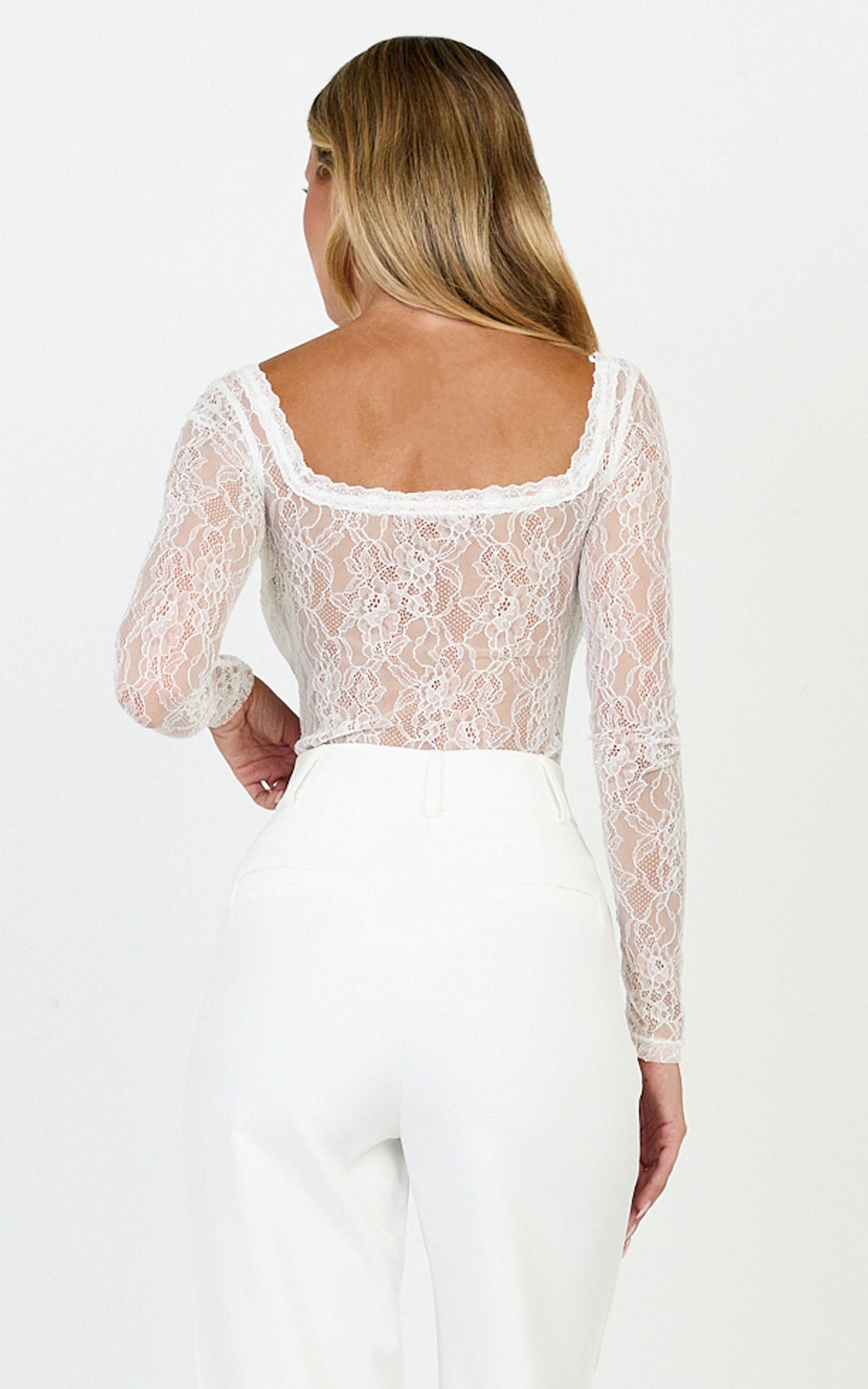 Cynthia Bodysuit - Krem Uzun Kollu Dantel Bodysuit