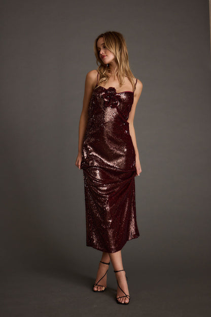 All For You Merlot Payetli Rozetli Midi Elbise