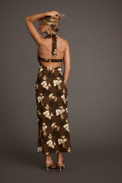 Audrina Kahverengi Çiçekli Halter Maxi Elbise