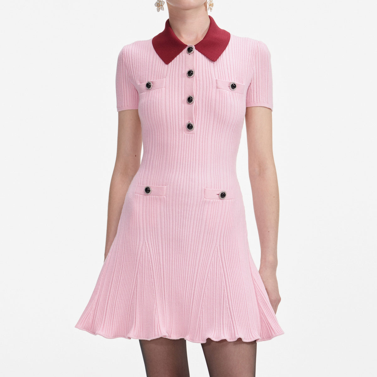 Pembe Kontrast Yaka Örgü Mini Elbise