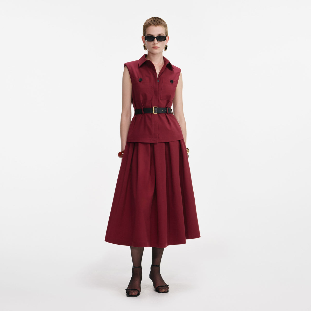 Bordo Twill Kemerli Midi Elbise