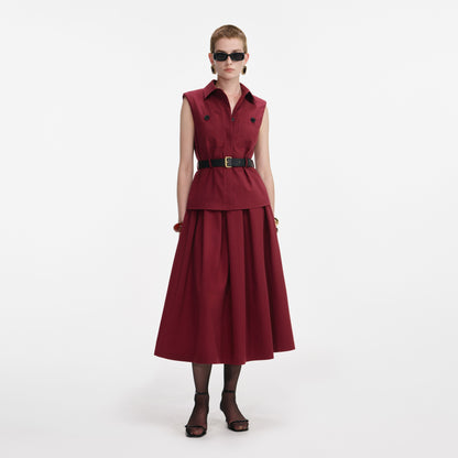 Bordo Twill Kemerli Midi Elbise