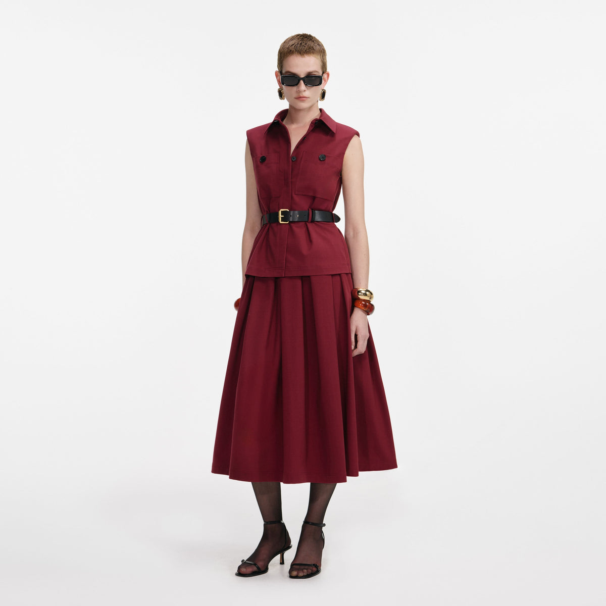 Bordo Twill Kemerli Midi Elbise