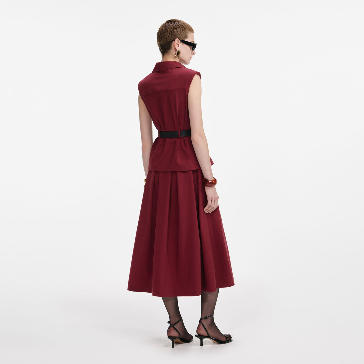 Bordo Twill Kemerli Midi Elbise