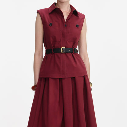 Bordo Twill Kemerli Midi Elbise