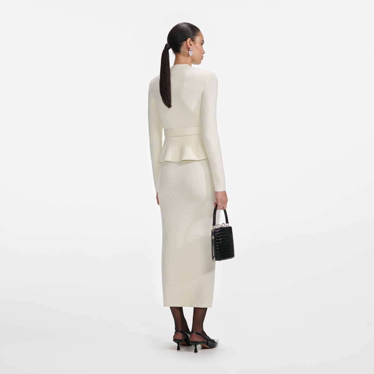 Krem Yün Peplum Örgü Midi Elbise
