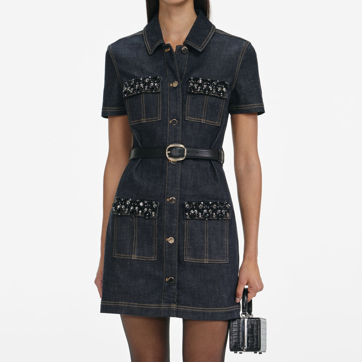Indigo Denim Kristal Kesim Mini Elbise