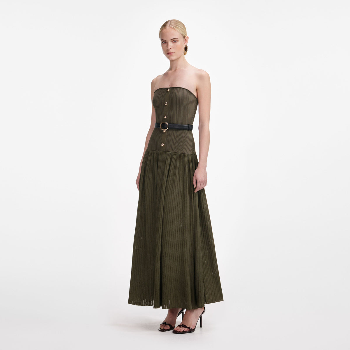 Haki Bandeau Örgü Midi Elbise