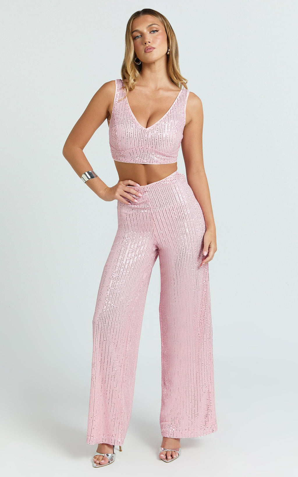 Abela İkili Takım - Pembe Payetli Crop Üst ve Bol Paça Pantolon Takımı