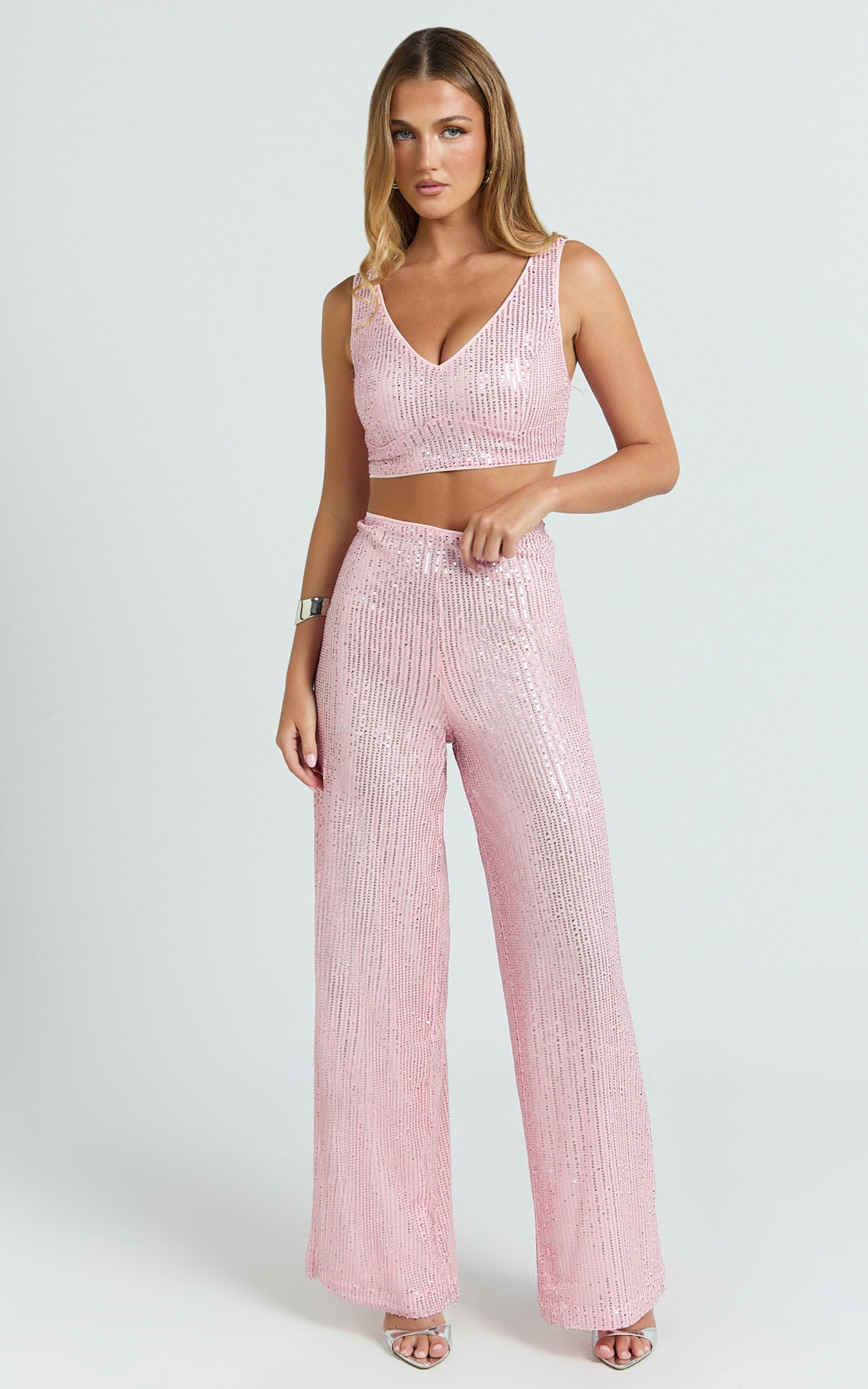 Abela İkili Takım - Pembe Payetli Crop Üst ve Bol Paça Pantolon Takımı