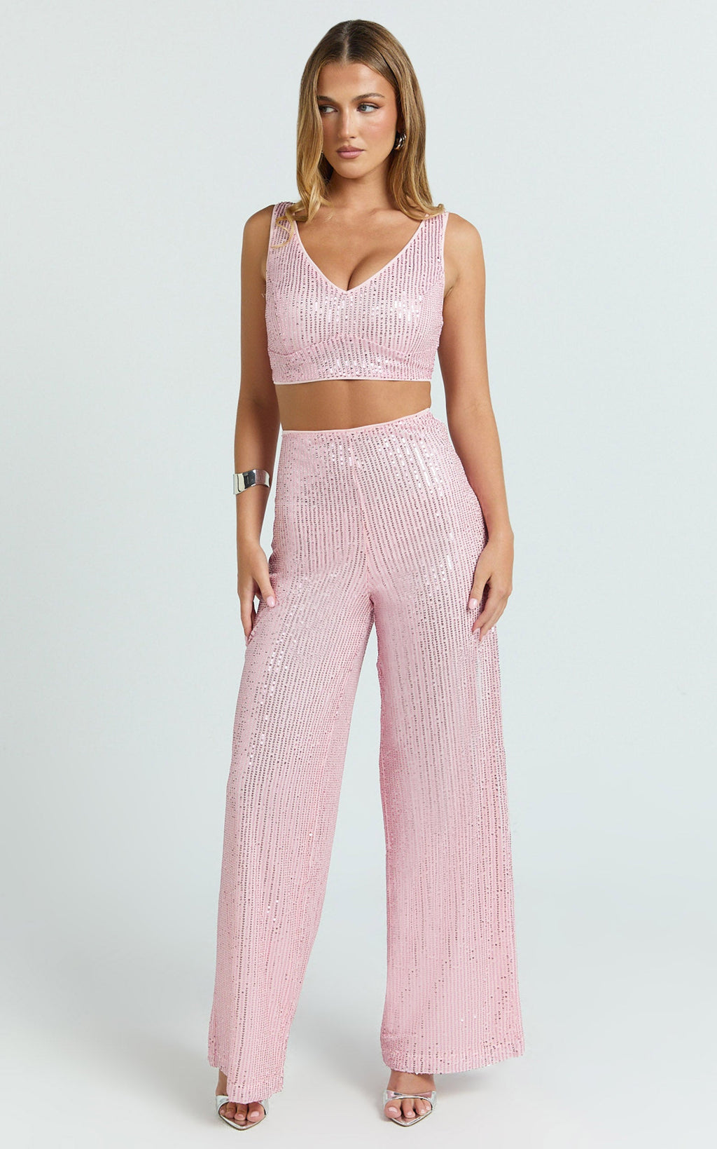 Abela İkili Takım - Pembe Payetli Crop Üst ve Bol Paça Pantolon Takımı
