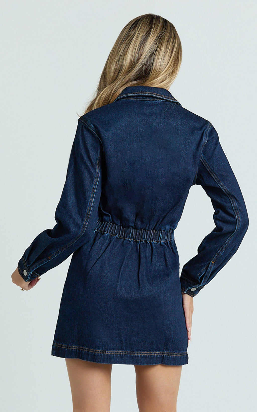 Ainsley Mini Elbise - Koyu Mavi Önden Düğmeli Uzun Kollu Denim Elbise