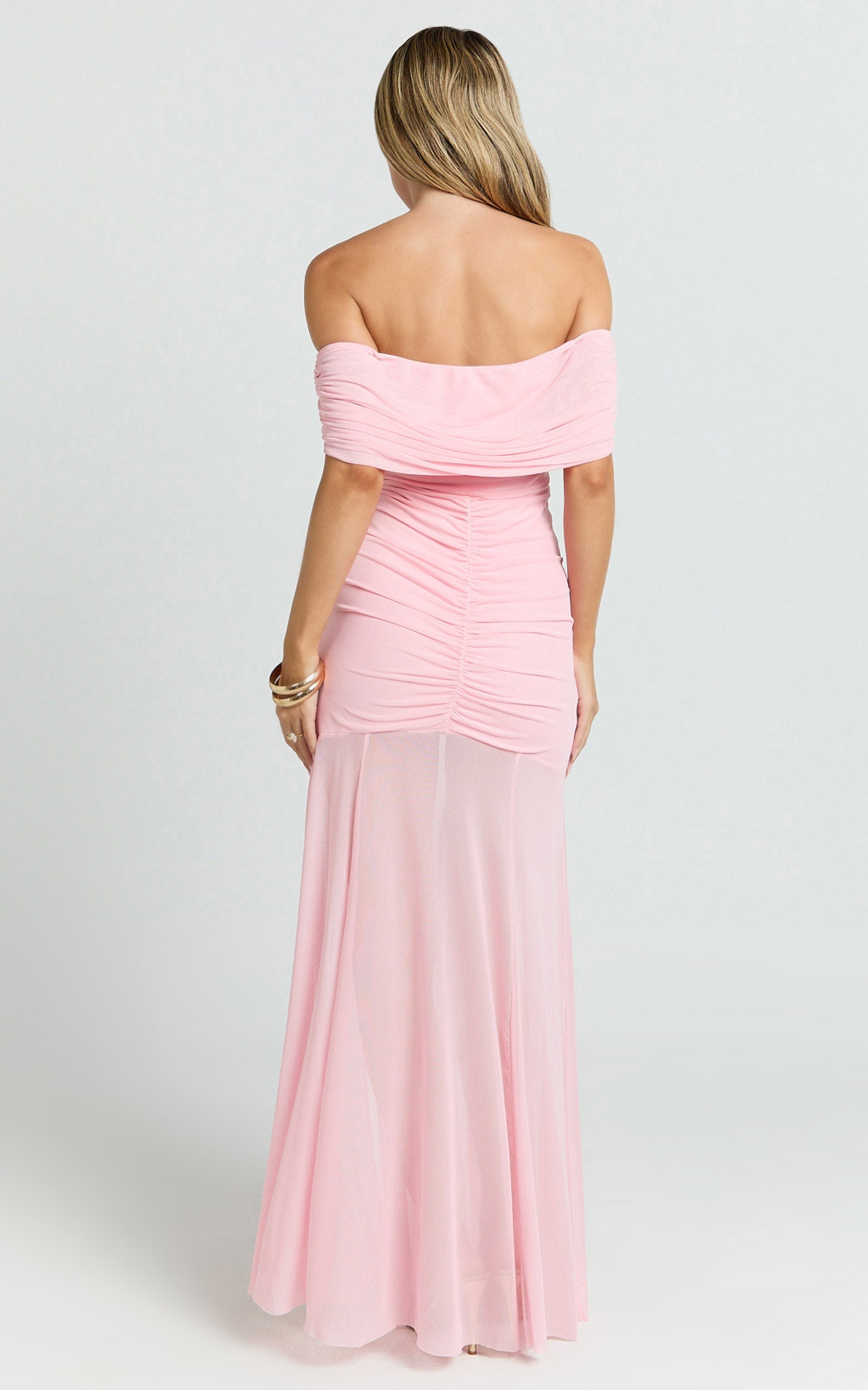 Alanna Maxi Elbise - Pembe Omuzları Açık Büzgülü Tül Elbise
