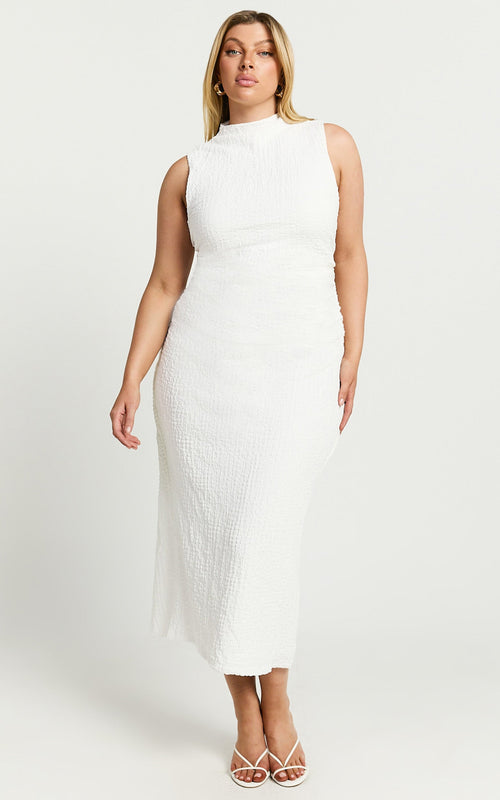 Aleks Midi Elbise - Kırık Beyaz Yüksek Yaka Bodycon Elbise