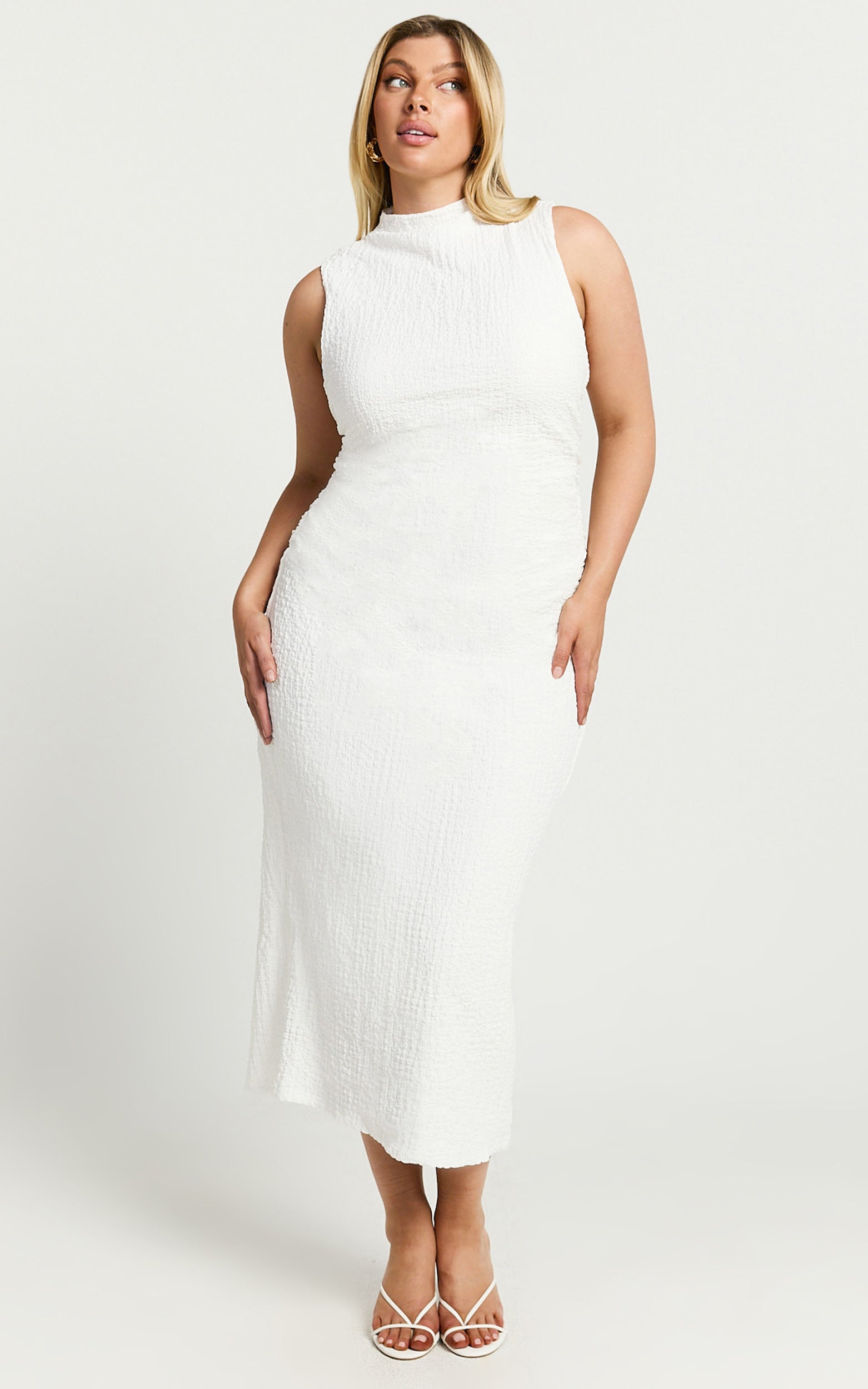 Aleks Midi Elbise - Kırık Beyaz Yüksek Yaka Bodycon Elbise